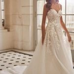 Off-the-shoulder sweetheart satin wedding gown